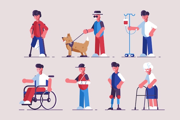 Niepełnosprawni Zestaw Znaków Ilustracji Wektorowych Kolekcja Składa Się Z Koncepcji Stylu Płaskiego Osób Niepełnosprawnych Osoby Niepełnosprawne, Takie Jak Złamana Noga Ręka ślepota Proteza
