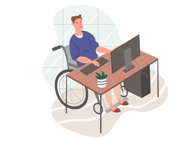 Plik wektorowy niepełnosprawny mężczyzna pracujący na komputerze młody szczęśliwy freelancer płci męskiej z niepełnosprawnością