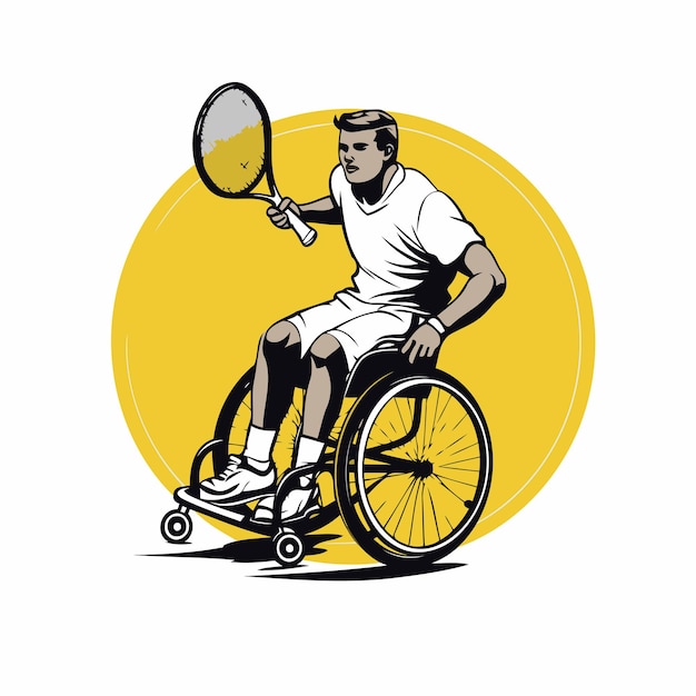 Plik wektorowy niepełnosprawny tenisista na wózku inwalidzkim z ilustracją wektorową rakiety i piłki