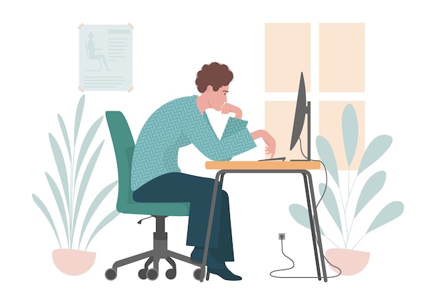 Nieprawidłowa Pozycja Siedząca. Płaskie Ilustracja Z Człowiekiem Pracującym Na Komputerze.