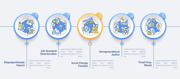 Plik wektorowy nieproporcjonalny wpływ. szablon infografiki ochrony środowiska. elementy projektu prezentacji. wizualizacja danych w 5 krokach. wykres osi czasu procesu. układ przepływu pracy z ikonami liniowymi