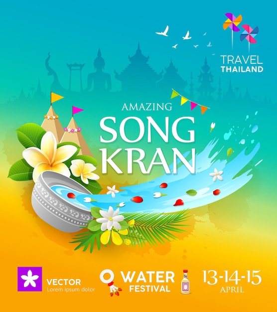 Plik wektorowy niesamowity festiwal songkran podróż do tajlandii kolorowy plakat projekt tło, ilustracja
