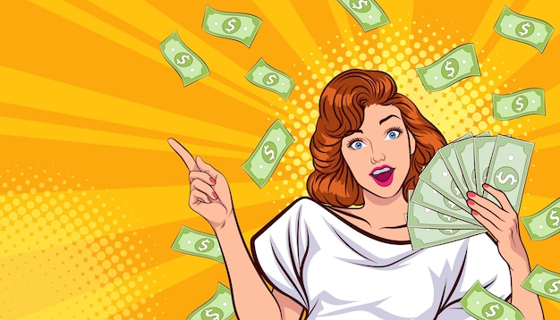 Niespodzianka biznesowa kobieta odnosząca sukcesy i szokująca z Falling Money mówi WOW OMG Pop art retro komiksy