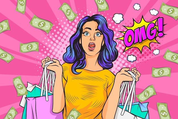 Niespodzianka Kobieta Biznesu, Która Odniosła Sukces Dzięki Falling Money, Powiedz Wow Omg Pop-art W Stylu Retro Komiks