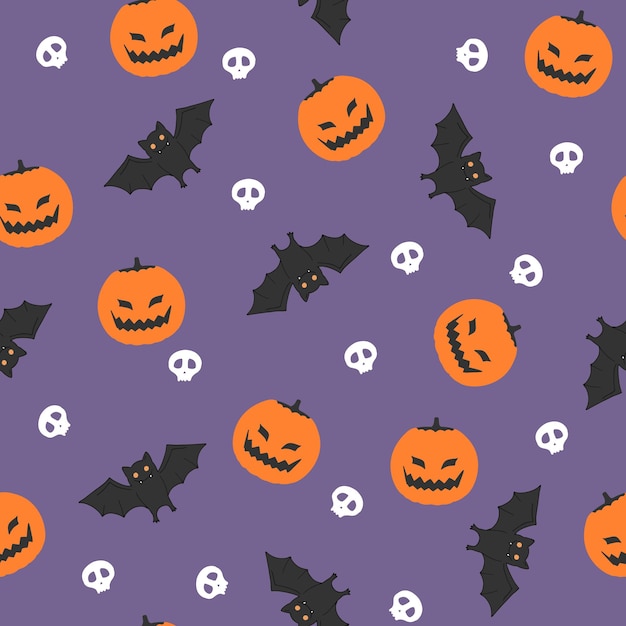 Nietoperze, dynie i czaszka na ciemnym tle wzór. Wesołego Halloween. Ilustracja wektorowa