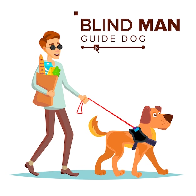 Niewidomy Mężczyzna Wektor. Osoba Z Pet Dog Companion. Osoba Niewidoma W Ciemnych Okularach I Chodzeniu Psa. Ilustracja Kreskówka Na Białym Tle