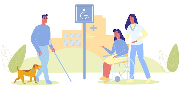 Plik wektorowy niewidomy mężczyzna z pies pielęgniarka z kobietą na wózku inwalidzkim
