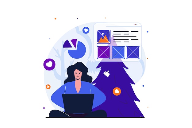 Niezależny Pracujący Nowoczesny Płaski Koncept Do Projektowania Banerów Internetowych Projektantka Analizuje Dane