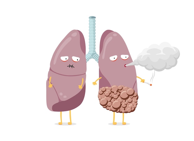 Niezdrowe Chore Płuca Postać Z Kreskówki Palący Papieros Ludzki Układ Oddechowy Narząd Wewnętrzny