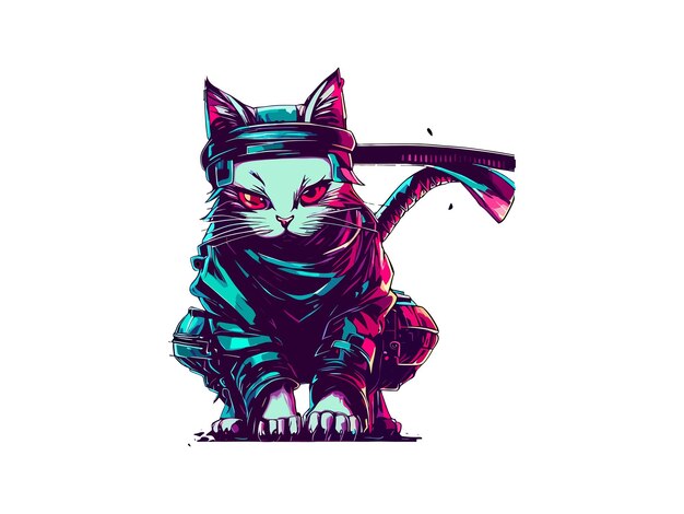 Ninja Cat With Katana Sword Samurai Cat Ilustracja Wektorowa