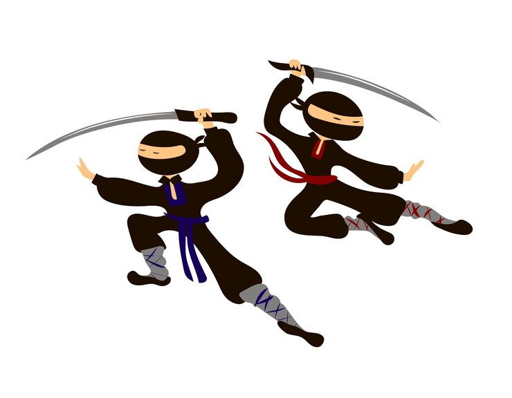 Ninja w postawie bojowej z mieczem katana Czarne ubrania i kolorowy pasek Białe tło na białym tle Ninja w walce Styl kreskówki dla dzieci