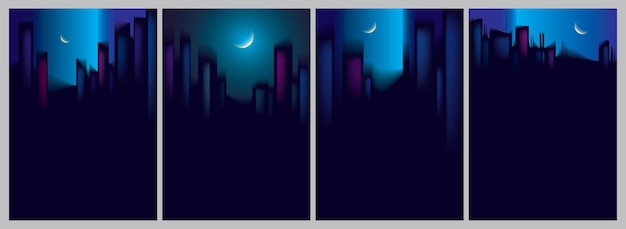 Plik wektorowy noc miasto wieżowce sylwetki panoramę wektor zestaw ilustracji. idealne minimalne tła z kopią miejsca na tekst.