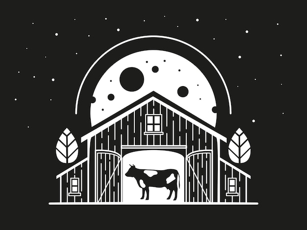 Plik wektorowy nocna ilustracja z krową w stodole