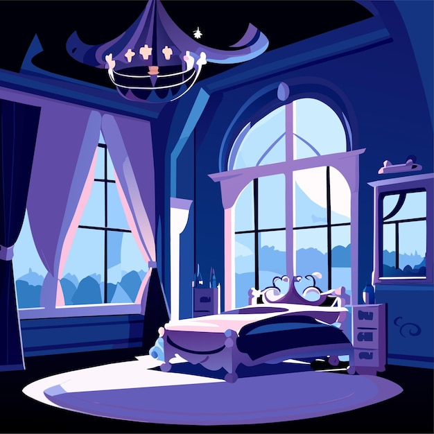 Plik wektorowy nocna księżniczka zamek sypialnia wnętrze tło lustro zasłona łóżko krzesło i szafa nocna meble