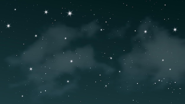 Nocne niebo z chmurami i wieloma gwiazdami. Streszczenie tło natura z gwiezdnego pyłu w głębokim wszechświecie. Ilustracja wektorowa.