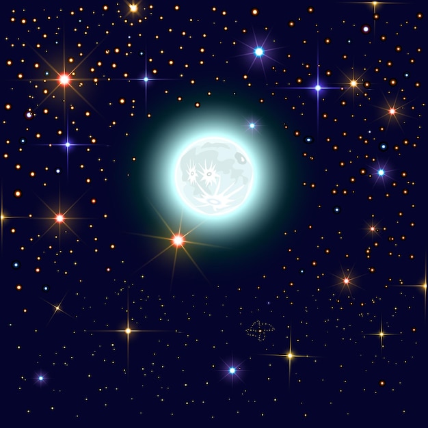 Nocne niebo ze świecącymi gwiazdami i dużym księżycem