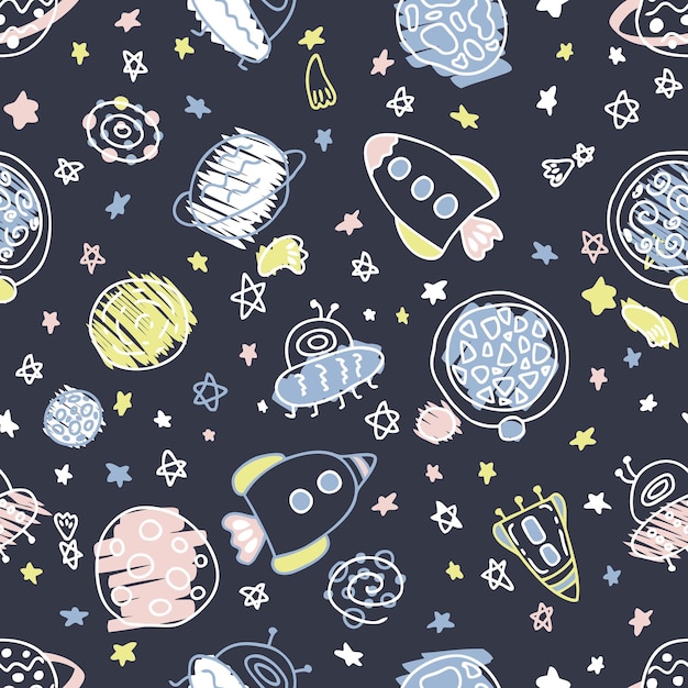 Nocny wektor bezszwowy wzór rakiet i planet w kosmosie Idealny do tekstyliów i nadruków Tshirt Ręcznie rysowana ilustracja do wystroju i projektowania
