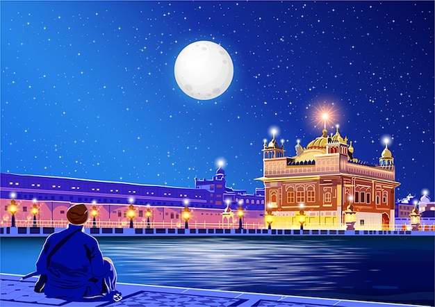 Plik wektorowy nocny widok ilustracji wektorowych złotej świątyni w amritsar pendżab
