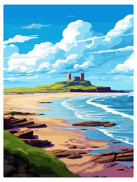 Plik wektorowy northumberland coast aonb vintage travel poster souvenir postcard portret malowanie ilustracja wpa