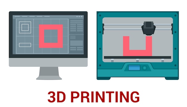 Plik wektorowy nowa generacja maszyny drukującej 3d drukującej model z tworzywa sztucznego. trzy nowoczesne technologie druk 3d