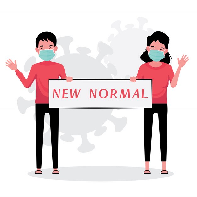 Nowa Normalna Koncepcja Przedstawia Mężczyznę I Kobietę Trzymających Nowy Znak Normalności Podczas Noszenia Maski