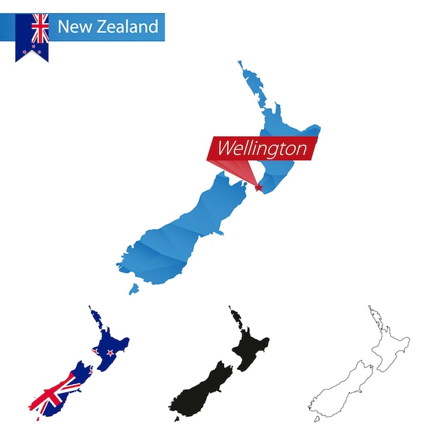 Plik wektorowy nowa zelandia niebieska mapa low poly ze stolicą wellington