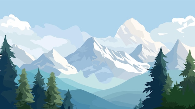 Nowe Góry Z Wiecznie Zielonymi Drzewami I Czystym Błękitnym Niebem Ilustracja Kreskówka