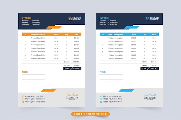 Nowoczesna Dekoracja Szablonu Faktury Biznesowej W Kolorach Niebieskim I żółtym Informacje O Produkcie I Projekt Paragonu Cenowego Minimalny Szablon Faktury I Wektor Paragonów Gotówkowych Dla Firm