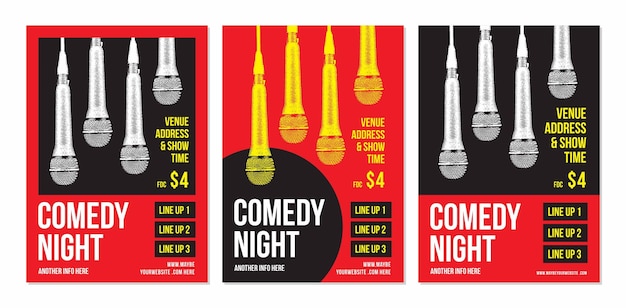 Nowoczesna karta plakatowa Stand Up Comedy Show Błyszczący mikrofon Otwarty mikrofon noc czarny tło