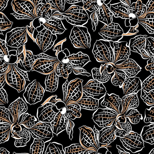 Plik wektorowy nowoczesna linia storczyków ręcznie rysowane ciemny tropikalny egzotyczny kwiatowy wzór wektor wzór dla fashionfabricwallpaperwrappign i wszystkie wydruki na czarno
