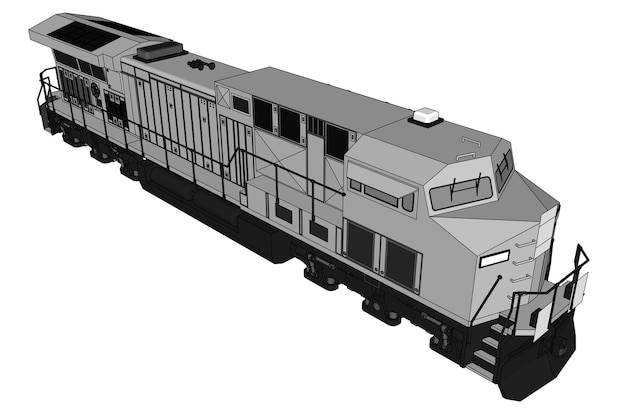 Nowoczesna lokomotywa spalinowa o dużej mocy i sile do poruszania długich i ciężkich pociągów kolejowych. Ilustracja wektorowa z liniami obrysu konturu.