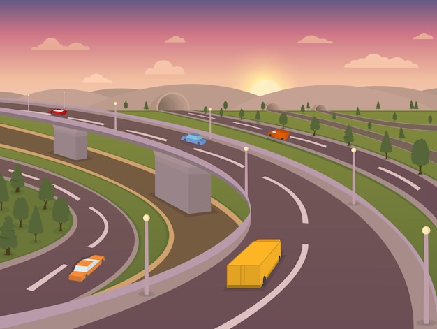 Plik wektorowy nowoczesna metropolia speed highway droga samochód z tunelem i widokiem bocznym ilustracja wektorowa rzędu drzewa