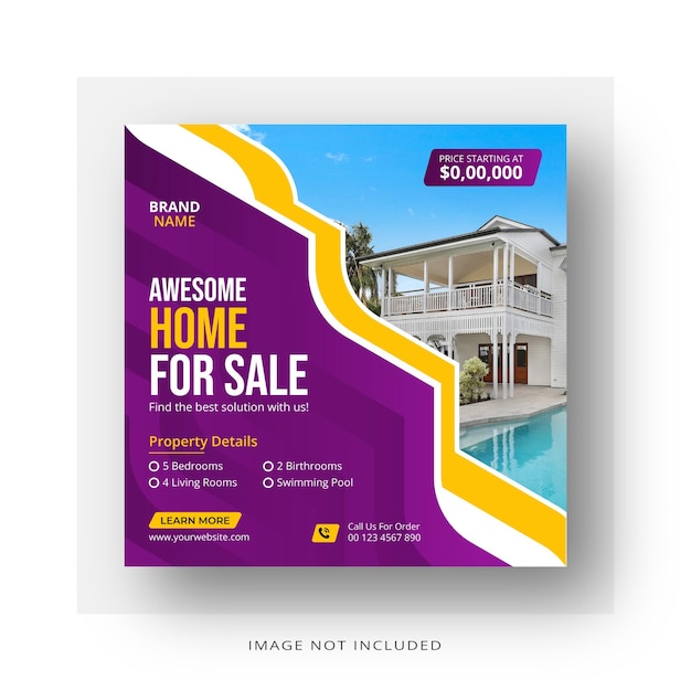 Plik wektorowy nowoczesna nieruchomość sprzedaż domu instagram post lub projekt szablonu kwadratowej ulotki sprzedaży nieruchomości w domu