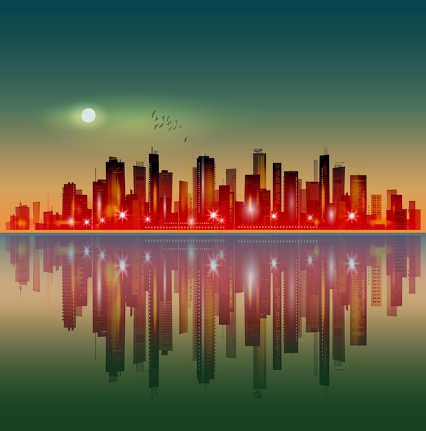 Plik wektorowy nowoczesna nocna skyline miasta w świetle księżyca lub zachodu słońca z odbiciem w wodzie
