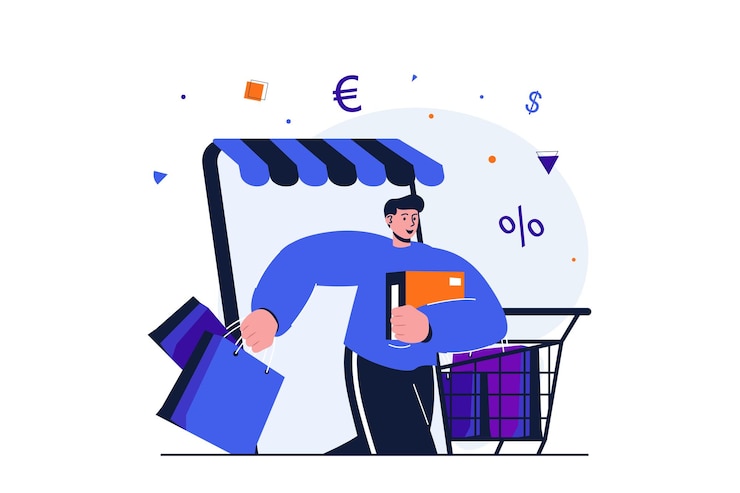 Wektor nowoczesna, płaska koncepcja handlu mobilnego do projektowania banerów internetowych człowiek z torbami na zakupy i supermarketem
