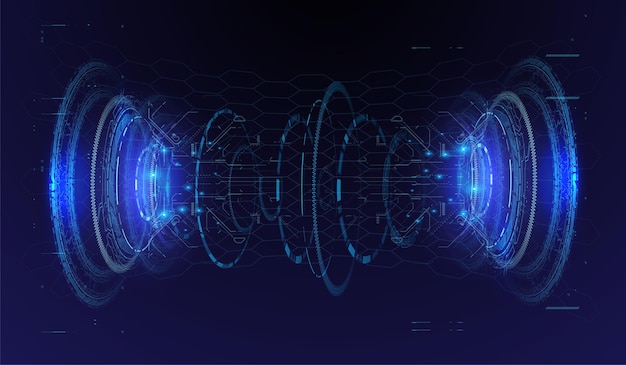 Nowoczesna scena w stylu cyberpunk Abstrakcyjna technologia hologramowa HUD futurystyczny portal hologram Wektor show room Magiczne koło teleportowe podium