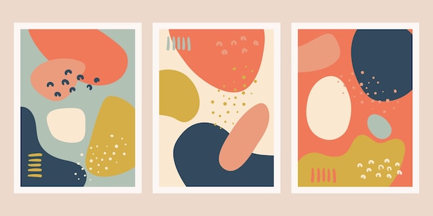 Nowoczesne abstrakcyjne grafiki na ścianach, plakaty, kolorowe, modne, minimalistyczne, organiczne kształty, zaproszenia.