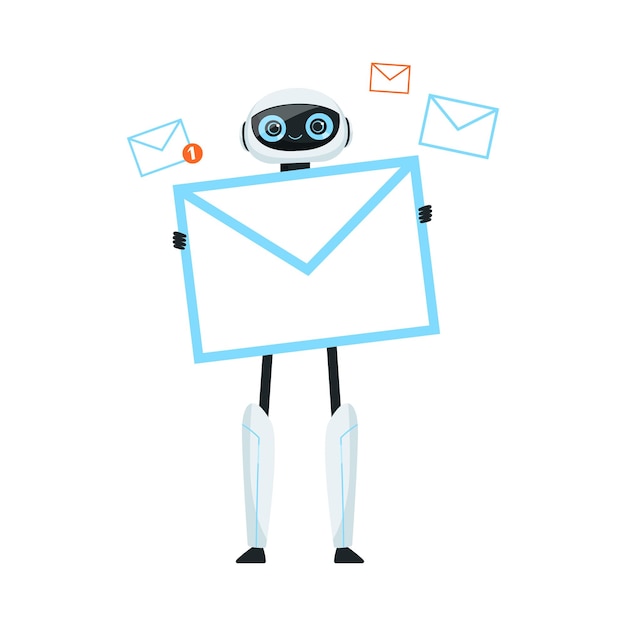 Nowoczesne humanoidalne lub robotowe urządzenie z żelaznymi kończynami trzymające ilustrację wektorową koperty do listów