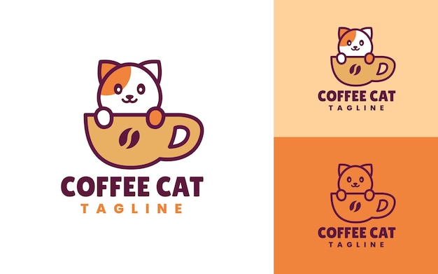 Nowoczesne I Minimalistyczne Logo Słodkie Kawy Kota Pet Lub Napój Ilustracja Kreskówka W Stylu Płaskiego Konturu
