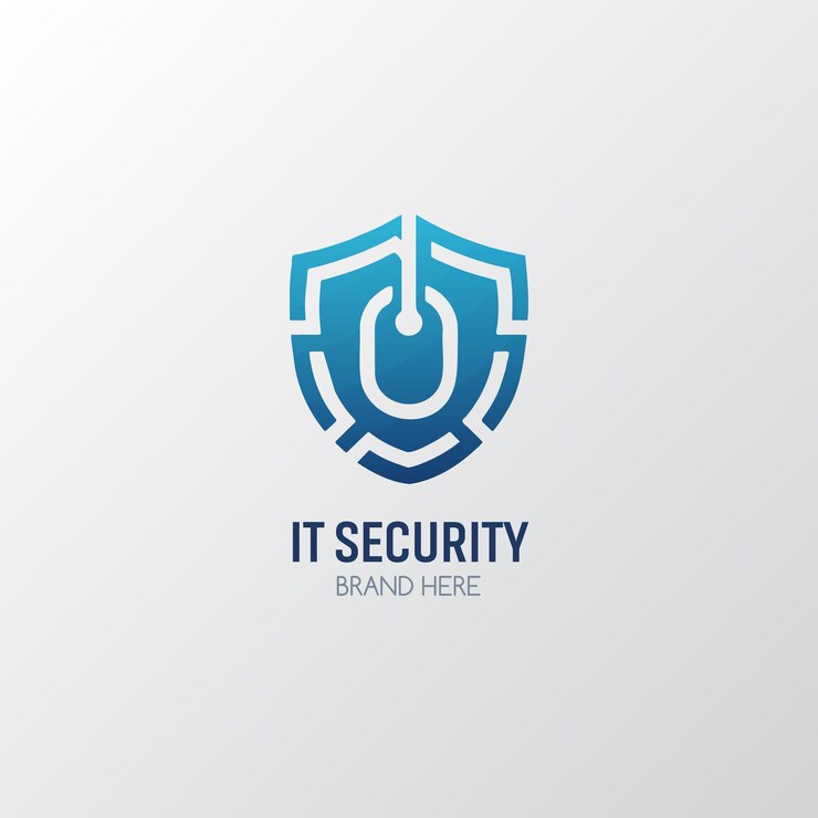 Nowoczesne logo bezpieczeństwa IT z tarczą i symbolem mocy dla projektowania bezpieczeństwa i ochrony cybernetycznej