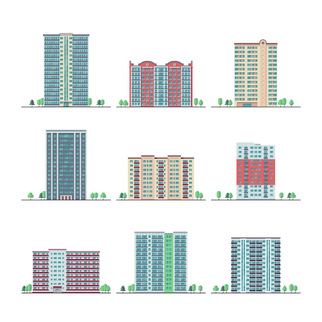 Nowoczesne Miasto Budynków Mieszkalnych Płaski Wektor Zestaw. Mieszkanie Wieżowiec Budynku, Ilustracja Miejski Dom Mieszkalny