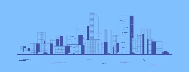 Nowoczesne Miasto Widok Wieżowiec Pejzaż Miejski Tło Miejskie życie Cienka Linia Styl Pozioma Ilustracja Wektorowa