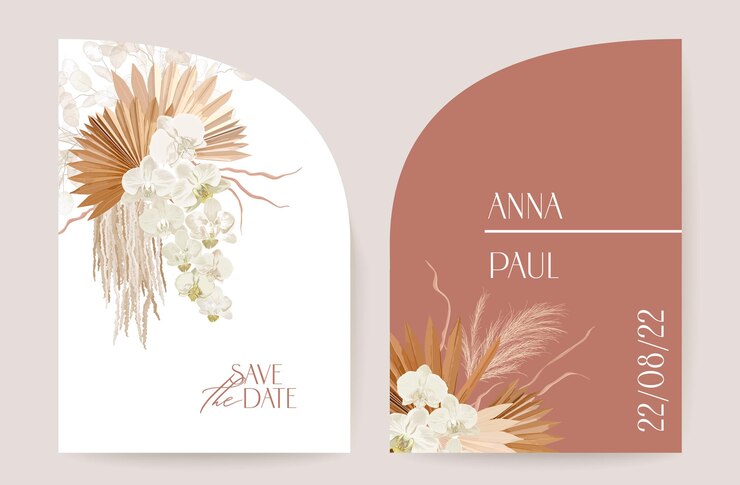 Wektor nowoczesne minimalne wesele art deco wektor zestaw zaproszenia. storczyk boho, trawa pampasowa, szablon karty księżycowej. tropikalne kwiaty, plakat liści palmowych, kwiatowy ramki. modny design save the date, luksusowa broszura