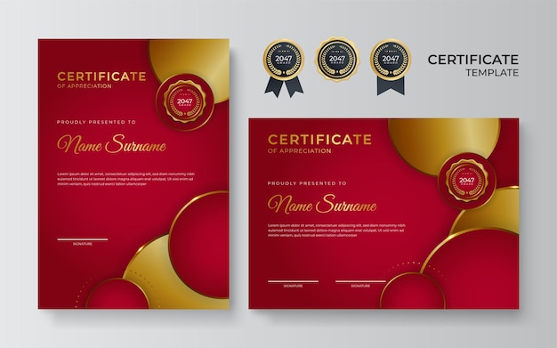 Nowoczesny Czerwony Szablon Certyfikatu I Obramowanie Do Dyplomu Nagrody I Drukowania Czerwony I Złoty Elegancki Szablon Certyfikatu Osiągnięć Ze Złotą Odznaką I Obramowaniem