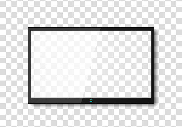 Nowoczesny ekran telewizora. Wyświetl szeroki telewizor, cyfrowa realistyczna ilustracja czarnego ekranu, wektor ekranu telewizora. Ekran telewizora LCD lub LED.