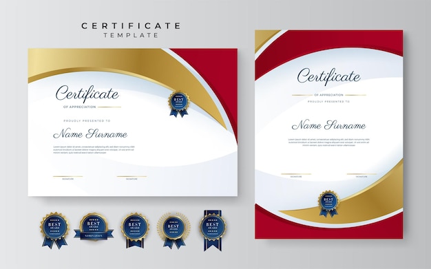 Nowoczesny Elegancki Czerwono-złoty Szablon Certyfikatu Osiągnięć Ze Złotą Odznaką I Obramowaniem Zaprojektowany Dla Dyplomu Biznesowego I Korporacyjnego