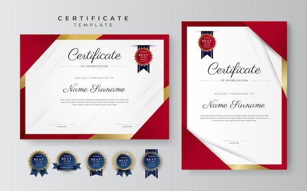 Nowoczesny Elegancki Czerwono-złoty Szablon Certyfikatu Osiągnięć Ze Złotą Odznaką I Obramowaniem Zaprojektowany Dla Dyplomu Biznesowego I Korporacyjnego