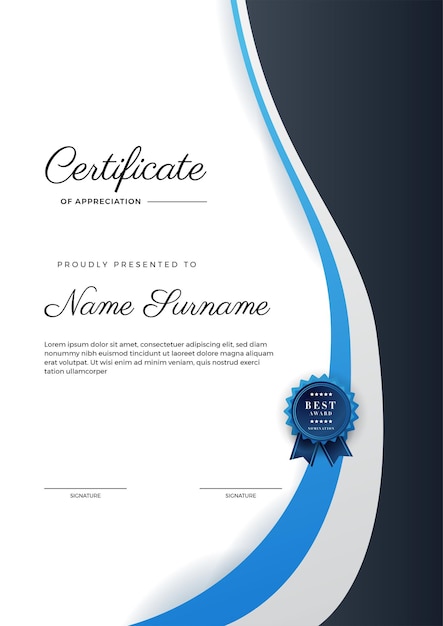 Nowoczesny Elegancki Niebieski I Czarny Szablon Certyfikatu Dyplomu Certyfikat Granicy Osiągnięć Z Luksusową Odznaką I Nowoczesnym Wzorem Linii Dla Potrzeb Biznesowych I Edukacyjnych Nagród