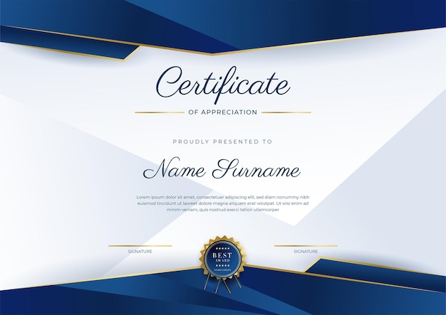 Nowoczesny Elegancki Niebiesko-złoty Szablon Certyfikatu Osiągnięć Ze Złotą Odznaką I Obramowaniem Zaprojektowany Dla Dyplomu Business University School And Corporate