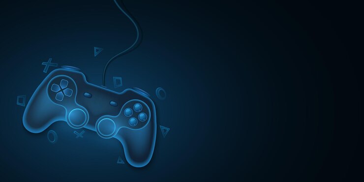 Nowoczesny gamepad z przewodem do gier wideo. Niebieski, 3d joystick do konsoli do gier. Dynamiczne, geometryczne symbole. Koncepcja gier komputerowych dla projektu szablonu. Ilustracja wektorowa